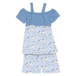 NEW KICKEE girls' bamboo print off-shoulder set in dew prancing unicorns
